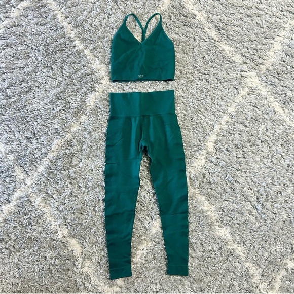 Set Active Power Ribbed V Bra sz M & Power Leggings sz S in Green - Picture 2 of 7